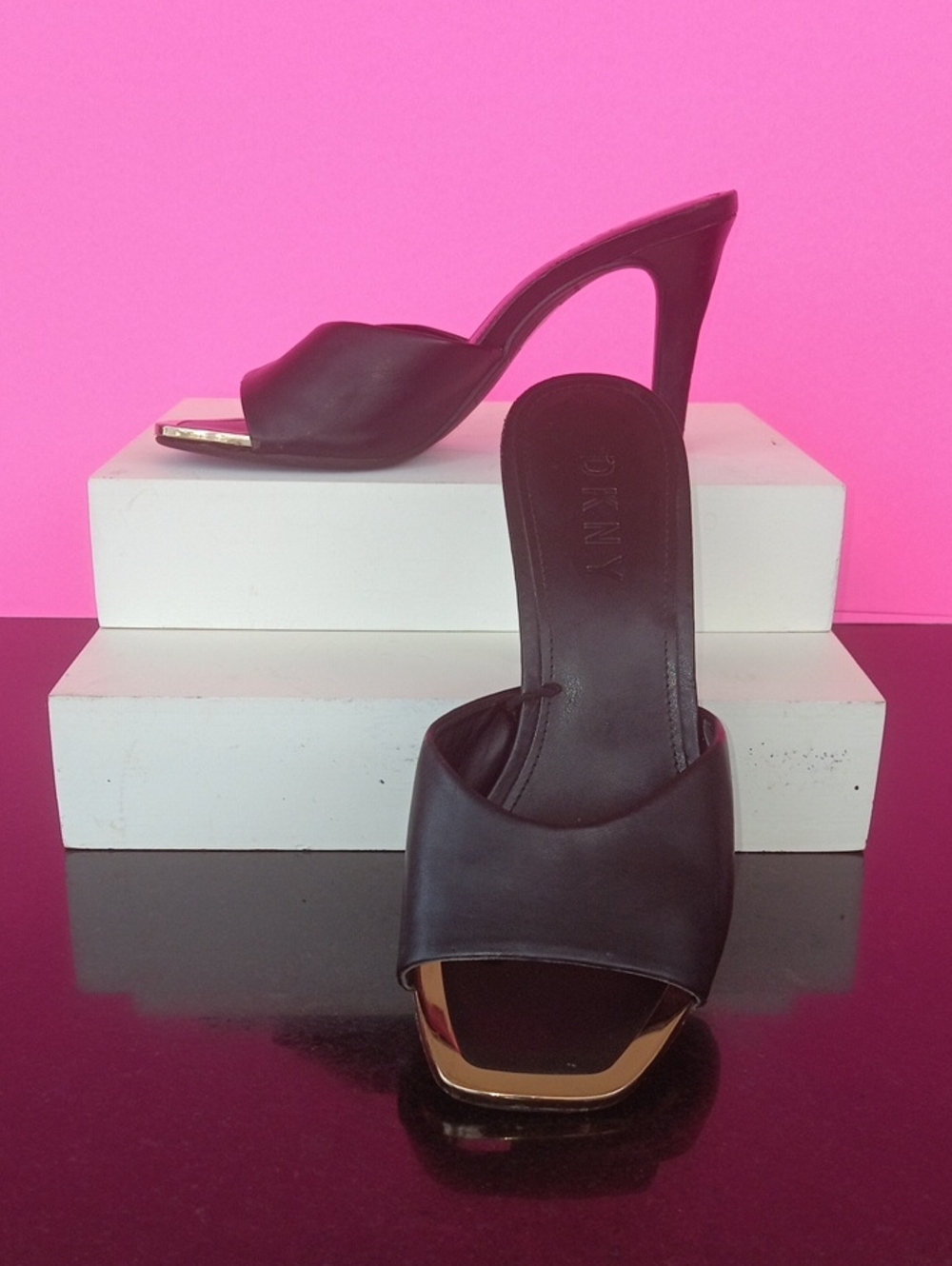 DKNY Black Leather Open-Toe Heel with Gold Accent Size 5.5